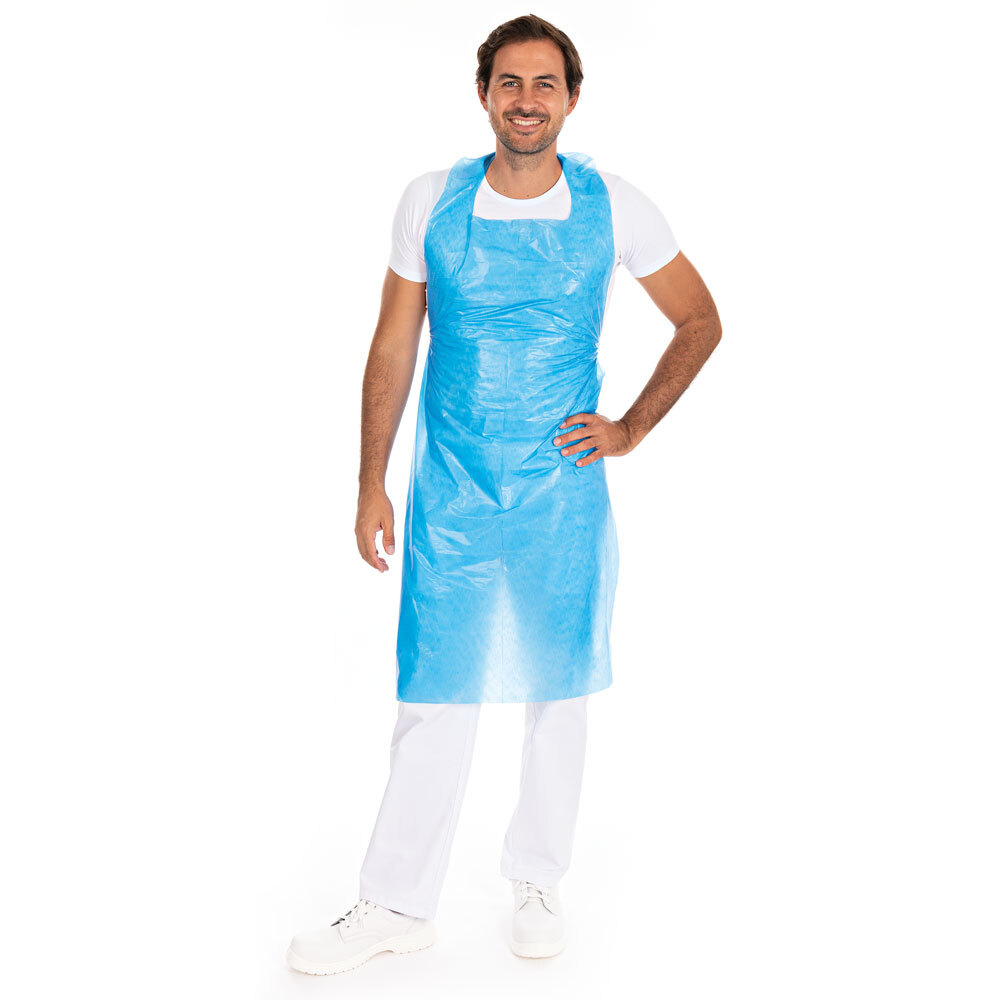 Disposable aprons approx. 20 my made of LDPE in the front view, blue