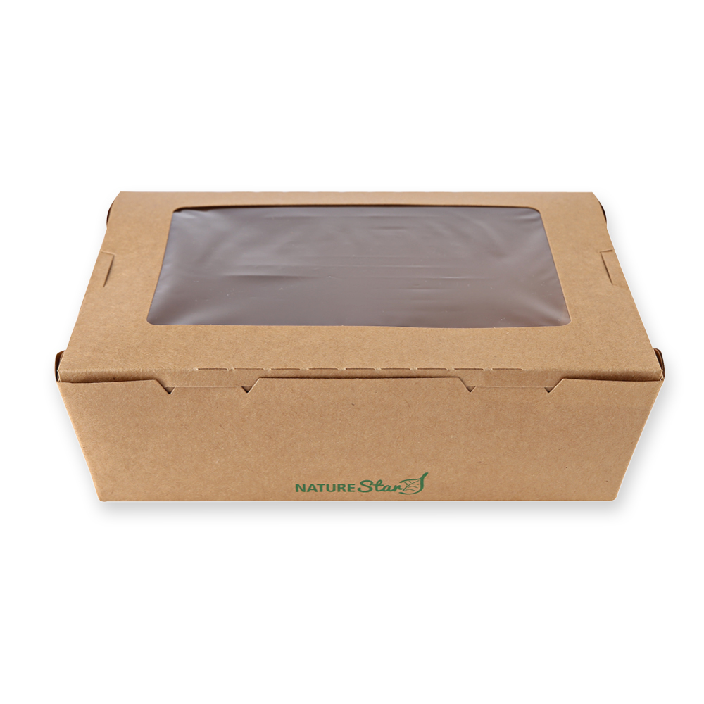 Foodbox "Menu" with PLA window made of kraft paper, front view