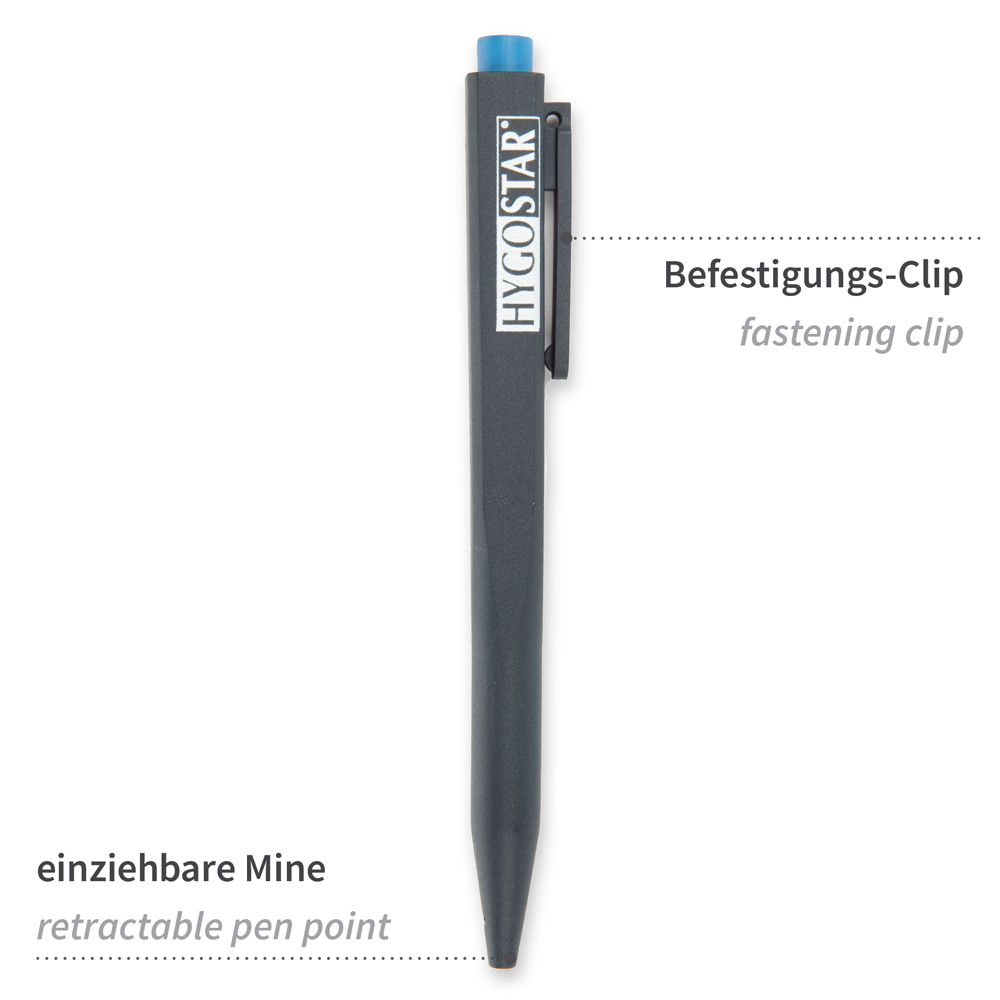  Kugelschreiber Clip, einziehbar aus Kunststoff, detektierbar in der Frontansicht mit Beschreibung, graphit