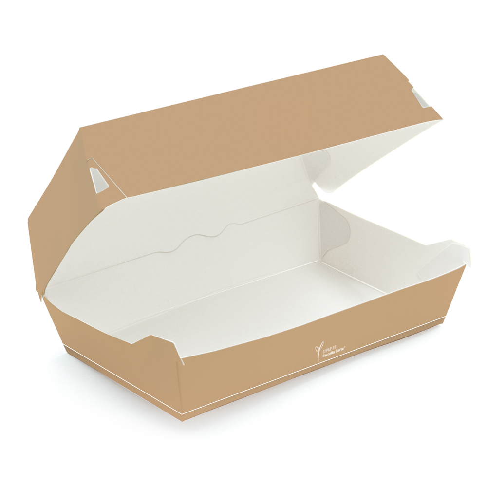 Organic sandwich boxes Carta made of paperboard/PE, in front view