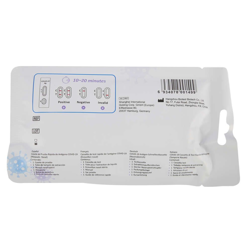 RightSign COVID-19 Antigen-Schnelltestkassette in der Einzelverpackung mit der Verpackungsrückseite