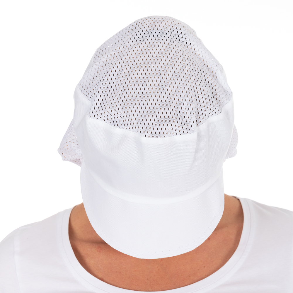 Peaked snood caps made of Polycotton in white in the top view