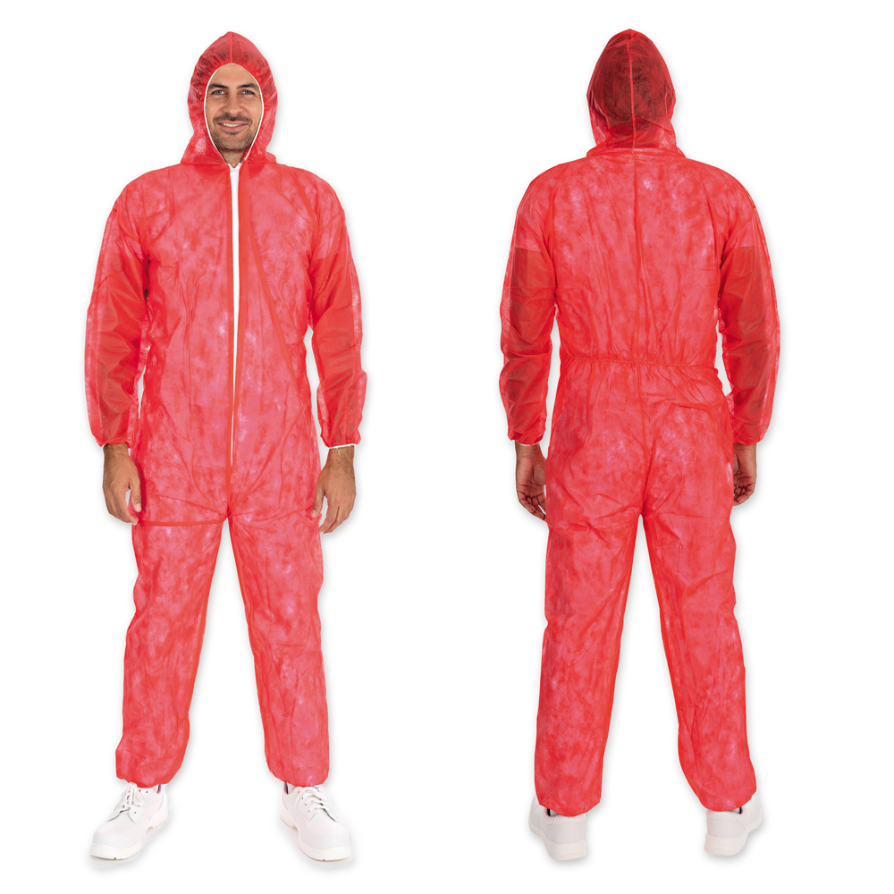 Coveralls Light with hood aus PP, front and back view, red
