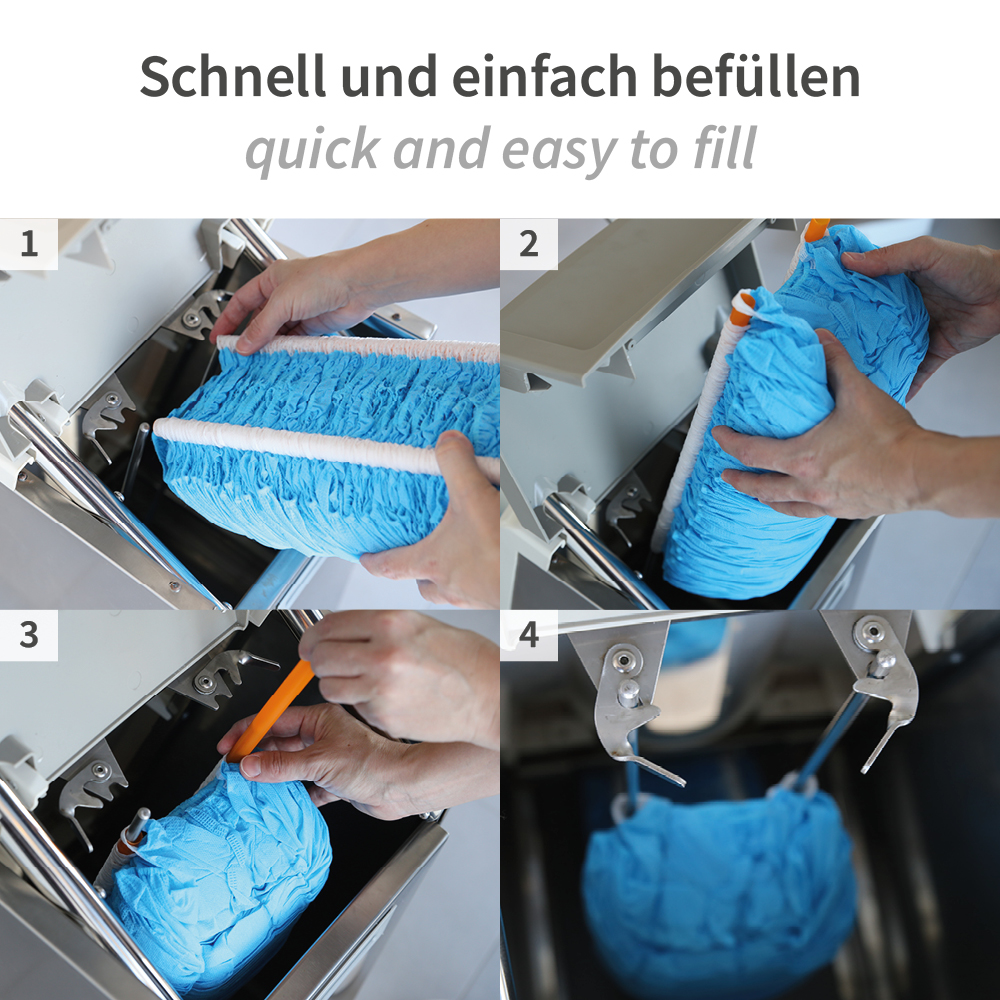 Überschuhspender Hygomat Comfort Plus, ohne Clips, Befüllung Überschuhspender Hygomat Comfort Plus ohne Clips bei der Befüllung