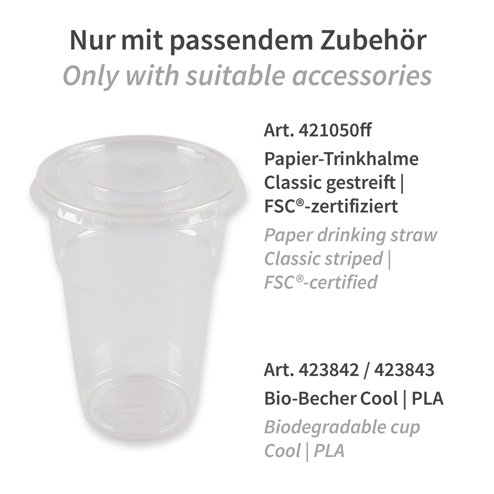 Flat lids for cold beverages cups with straw slot made of PLA, art 423868 with suitable accessories