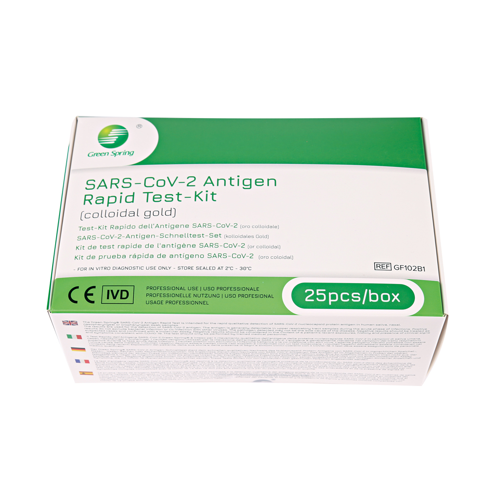 Green Spring SARS-CoV-2 Antigen-Schnelltest (colloidal gold) in der Schrägansicht