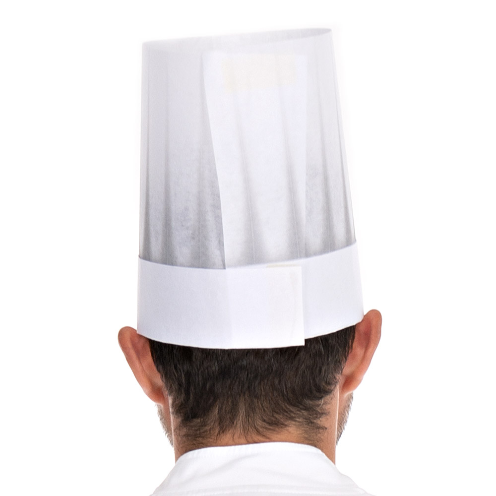Europa Kochmütze Extra aus Viskose offenliegend in weiß mit Faltenschattierung in der Rückansicht 