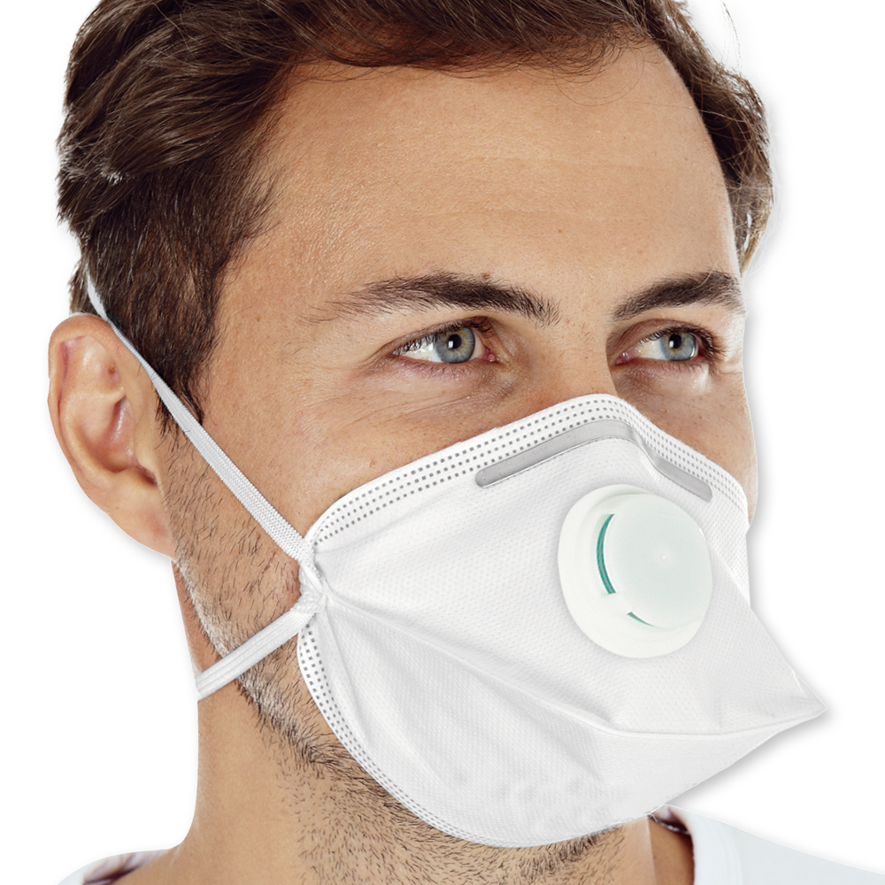 Atemschutzmasken FFP3 NR mit Ventil, horizontal faltbar aus PP in der schrägen Ansicht