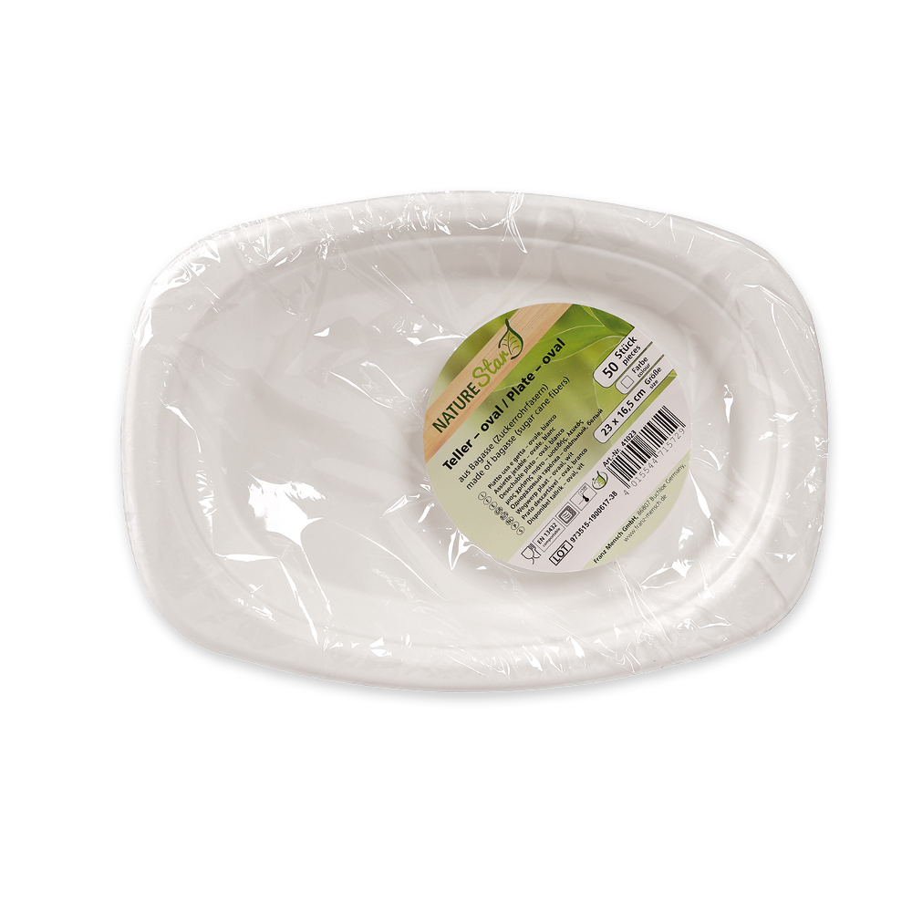 Organic plates, oval made of bagasse, packaging