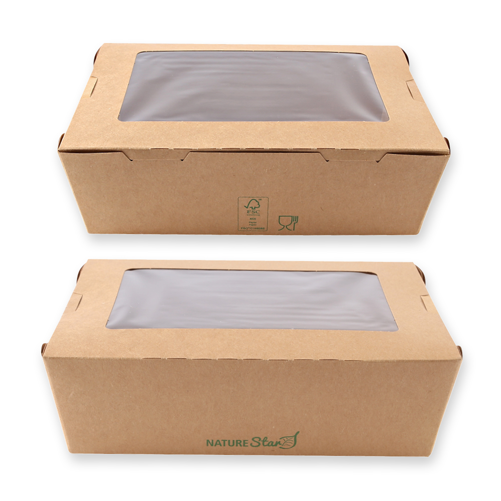 Food boxes Menu with window made of kraft paper/PE, FSC®-mix, shown in front & back view