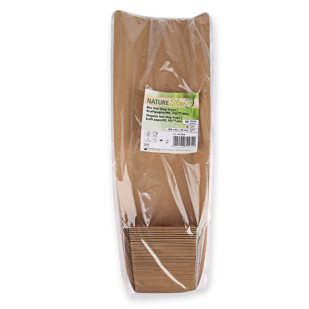 Organic hot dog trays made of kraft paper/PE, FSC®-Mix with 28cm and packaging
