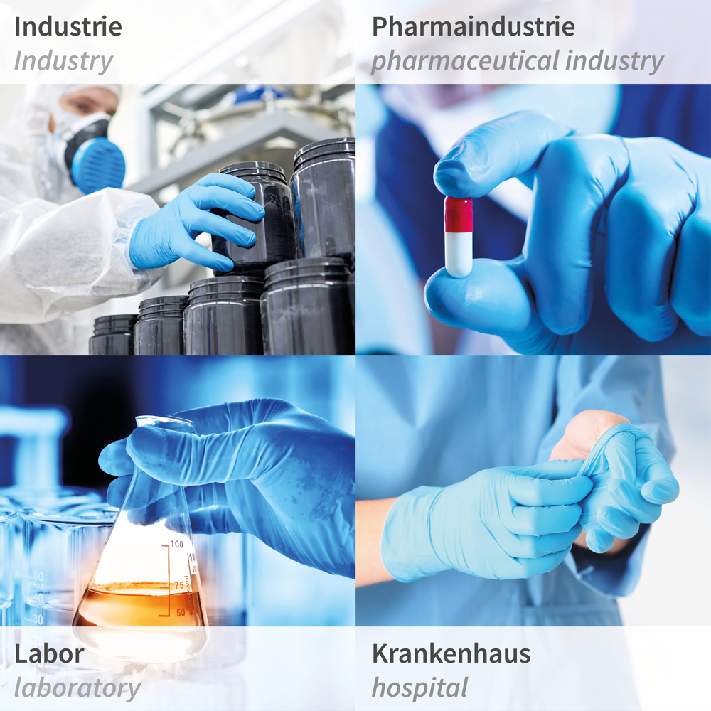 Chemical protection gloves Super High Risk made of nitrile in blue the application areas at a glance