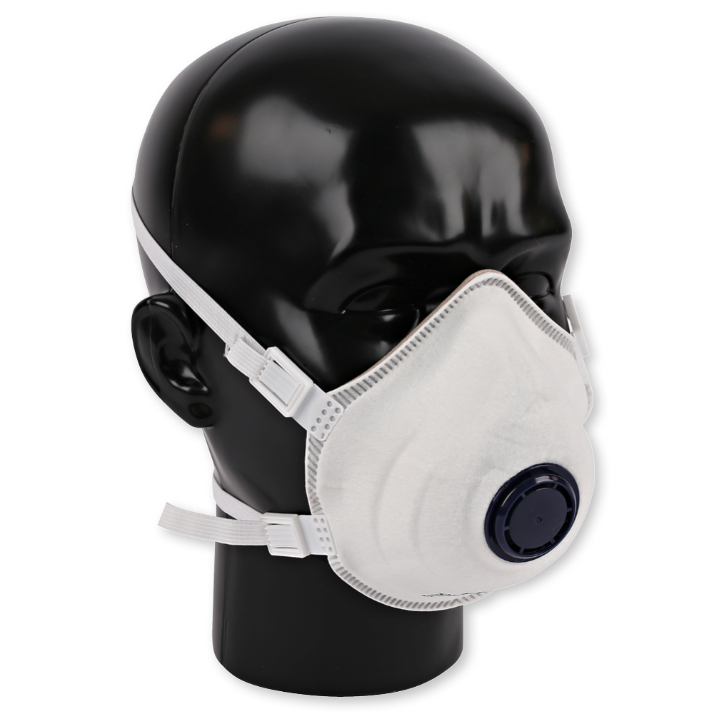 Atemschutzmasken FFP3 NR mit Ventil, vorgeformt aus PP in der schrägen Ansicht