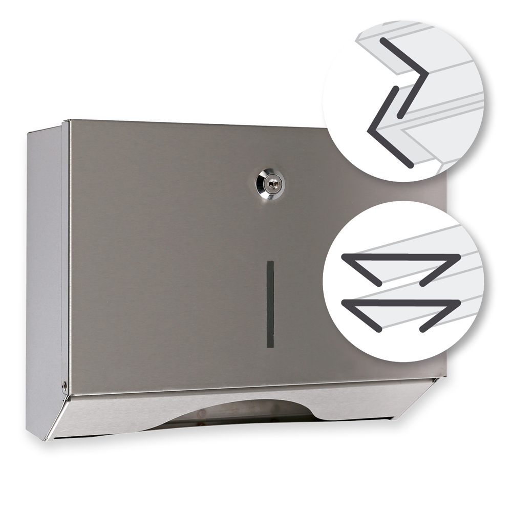 Folded hand towel dispenser, C- & V/ZZ-fold made of stainless steel, angled view