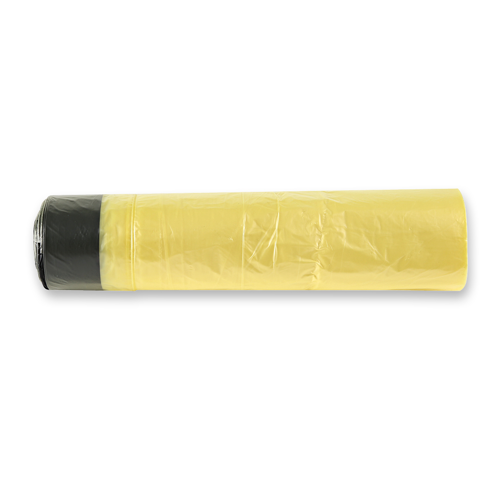 Garbage bags with drawstring, 60l made of HDPE on roll in yellow-black in the front view