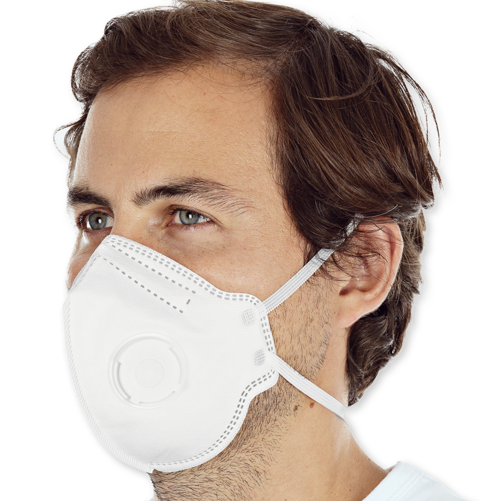 Respirators FFP2 NR with valve vertically foldable made of PP in the oblique view to the left