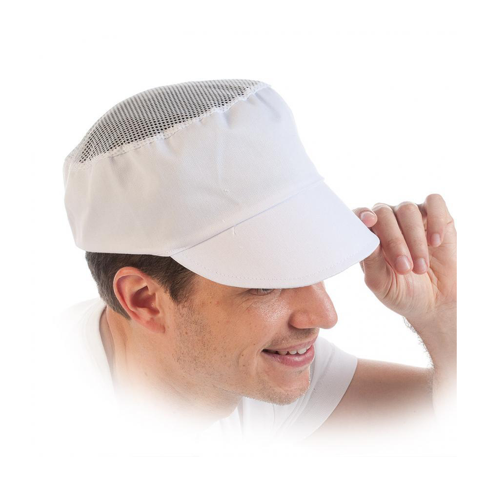 Peaked caps with net top made of polycotton in white