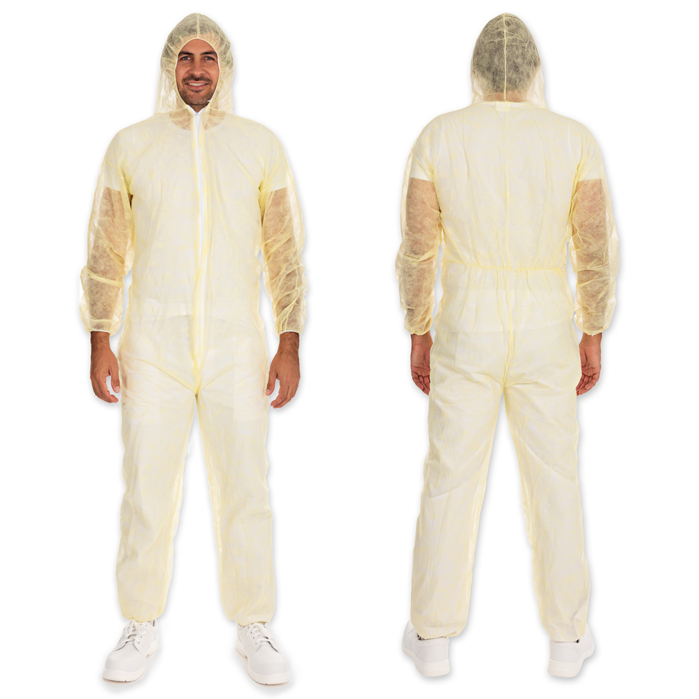 Coveralls Light with hood made of PP, front and back view, yellow