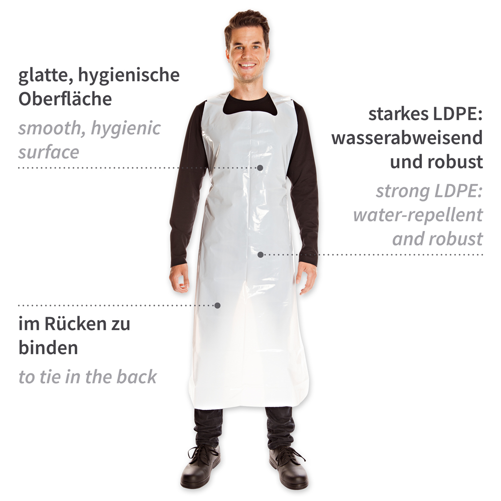 Disposable aprons approx. 60 my from LDPE in the front view with description in white