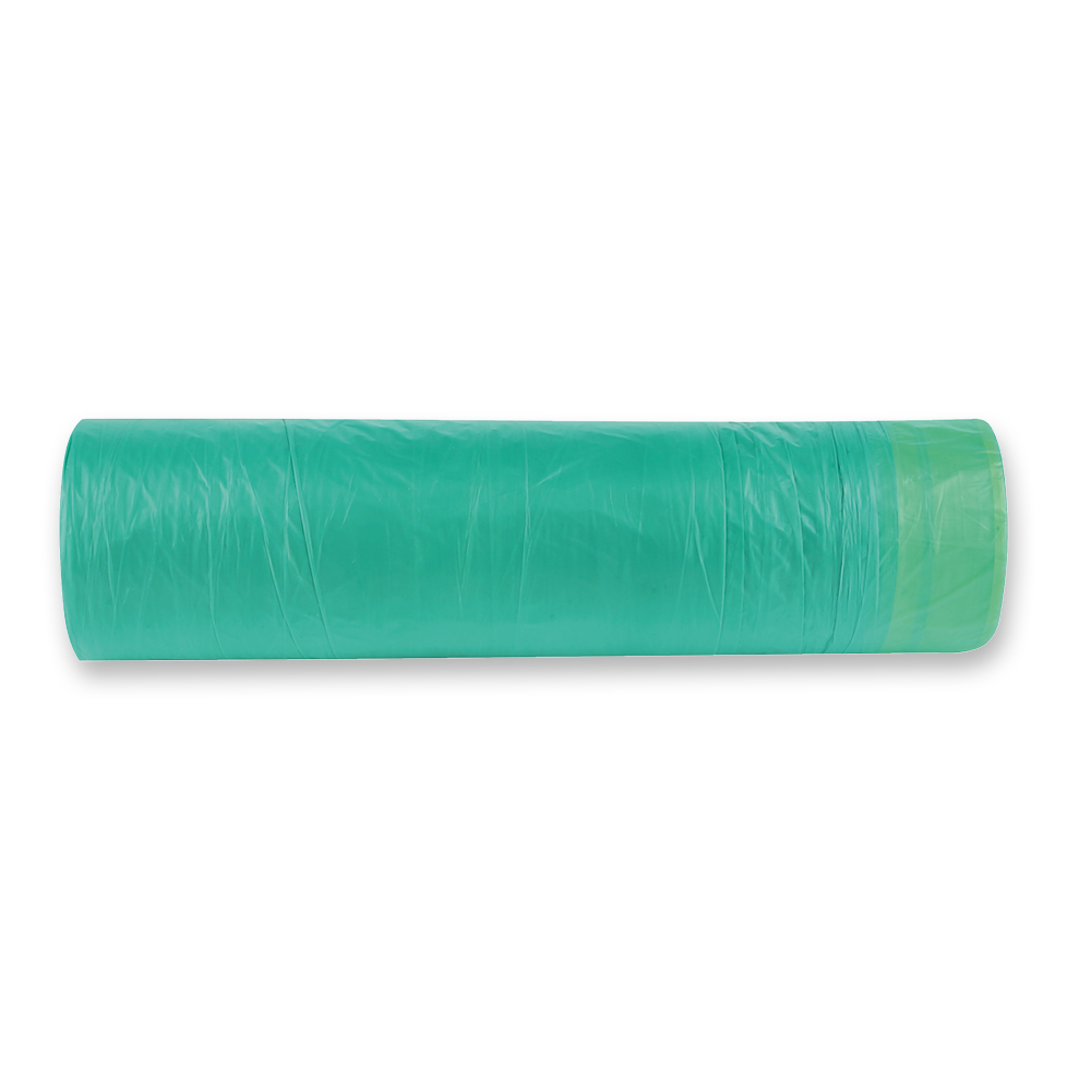 Garbage bags with drawstring, 60l made of HDPE on roll in green-yellow in the front view