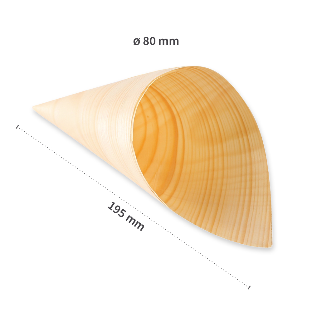 Biodegradable wooden cone made of Pine wood, measurements, 195mm