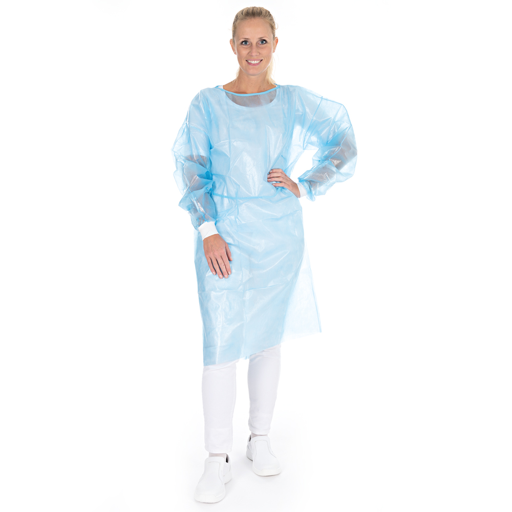 Gowns with neck ties made of PP, PE partly laminated in blue with lamination on arms