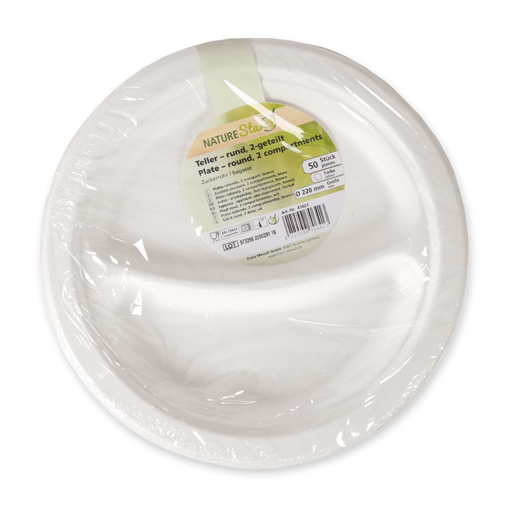 Biodegradable plate "Double" round made of sugarcane with packaging