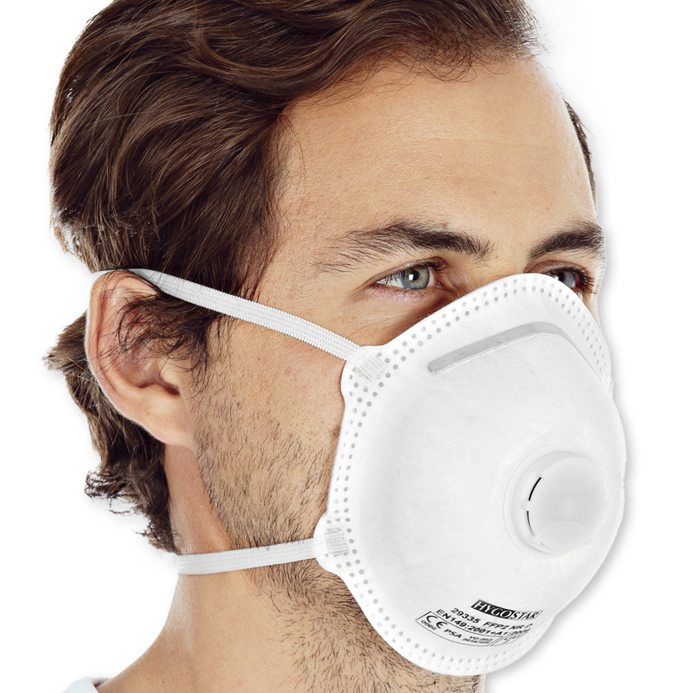 Respirators FFP2 NR D with valve, cup-shaped made of PP in the oblique view