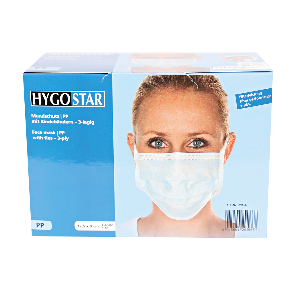 Face masks type II, 3-ply made of PP with ties in blue in the package