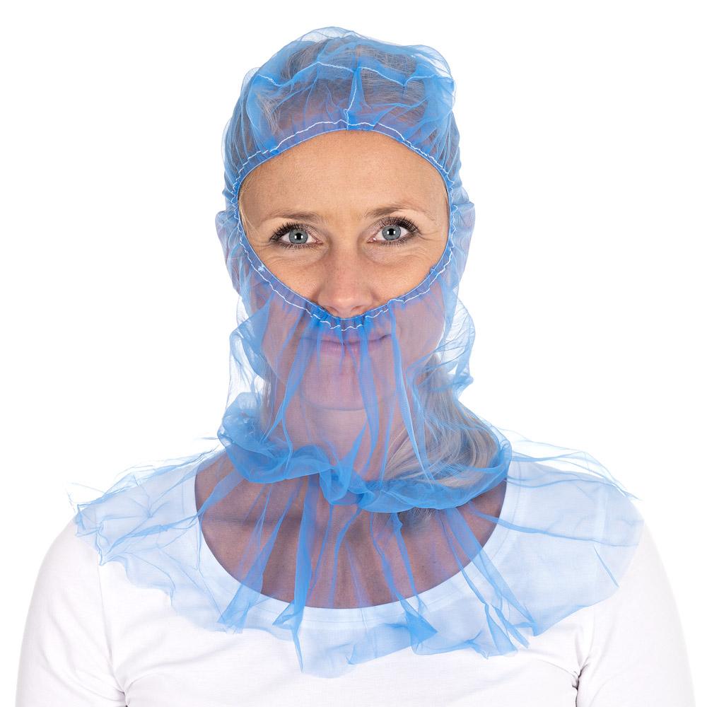 Astrohauben Micromesh mit Cape | Nylon, blau, Frontansicht, unter Nase Astrohauben Micromesh mit Cape aus Nylon in blau in der Frontansicht unter der Nase