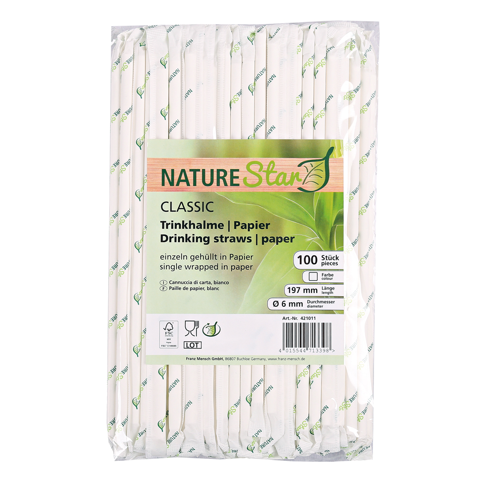 Paper drinking straws "Classic" wrapped in paper, FSC® certified in green in the package.