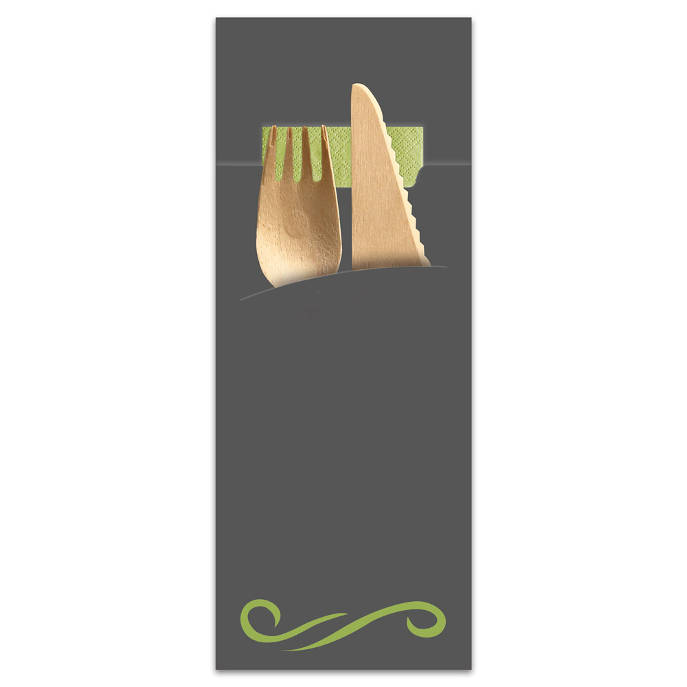 Cutlery Pouches "Classic" made of Paper, FSC®-certified in grey with cutlery and napkin in lime green