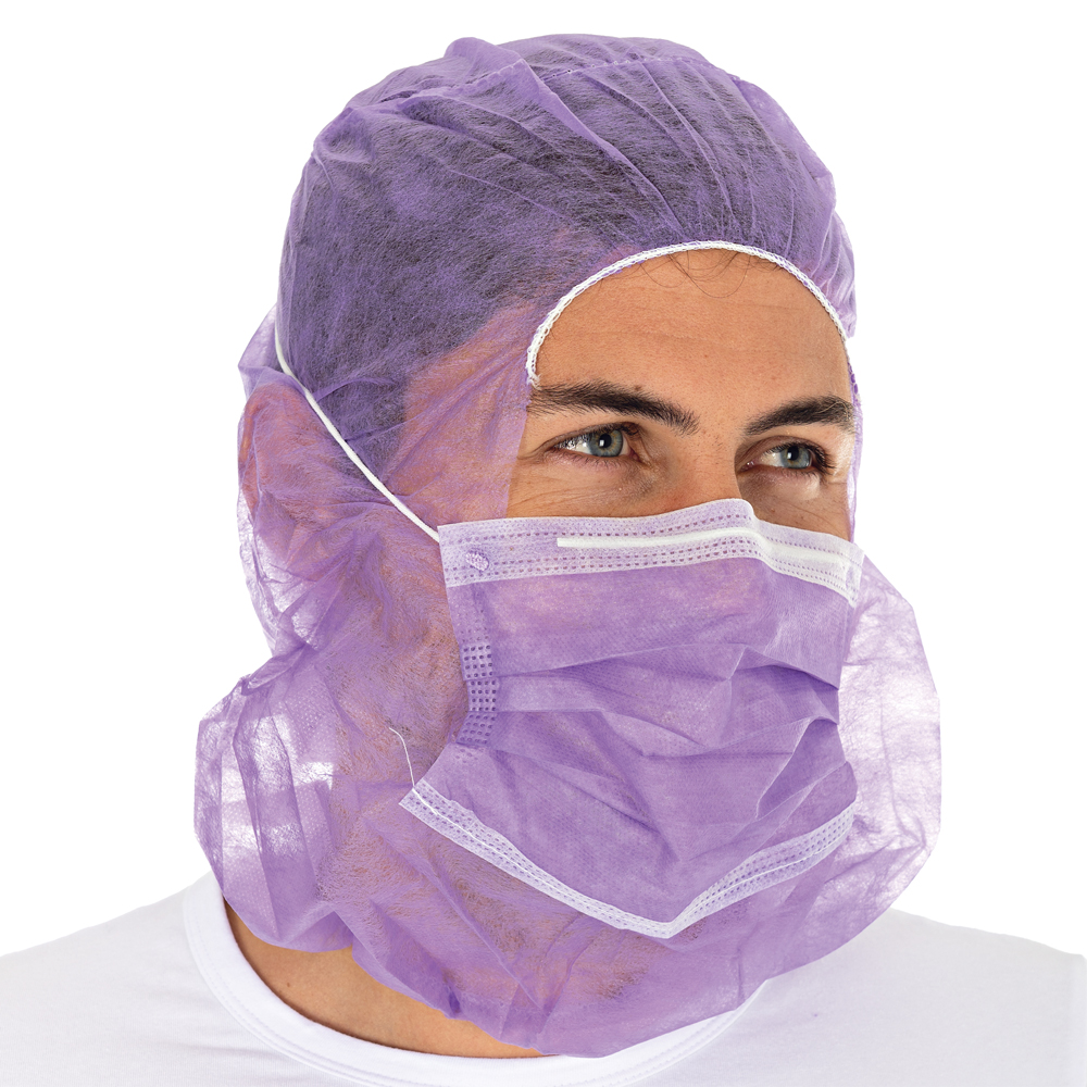 Astro caps with 2-ply face mask made of PP in purple in the oblique view