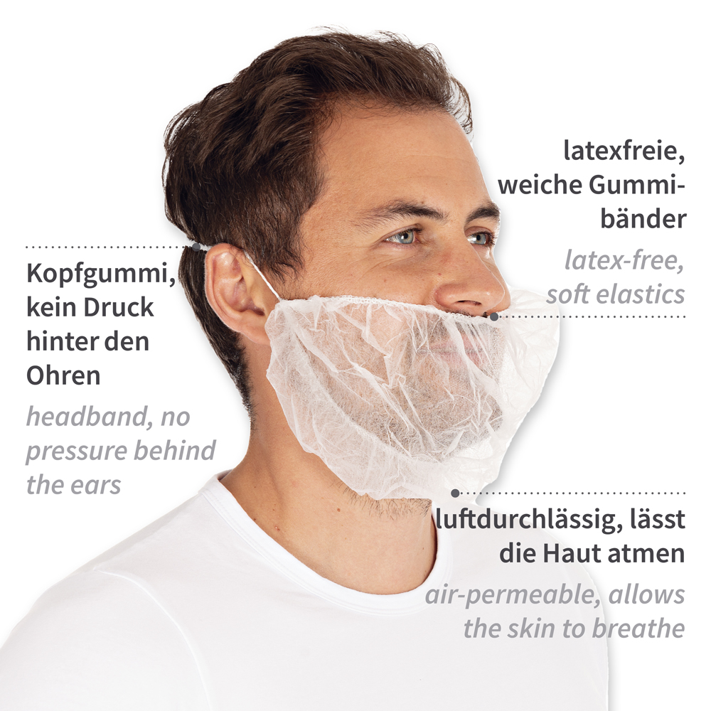 Beard protector PP in side view with description in white