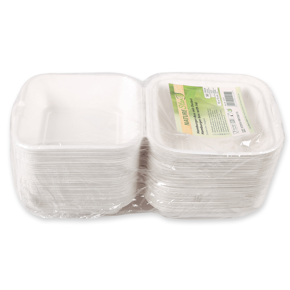 Organic hamburger boxes with hinged lid made of bagasse in white in the packaging