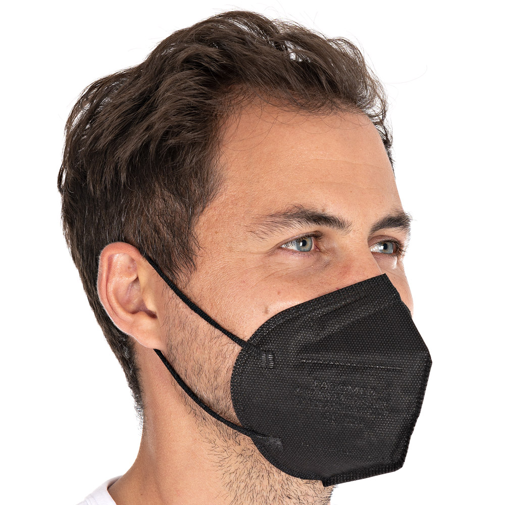 Atemschutzmasken FFP2 NR, vertikal faltbar, Ohrschlaufen aus PP als Kleinpackung in schwarz in der Schrägansicht