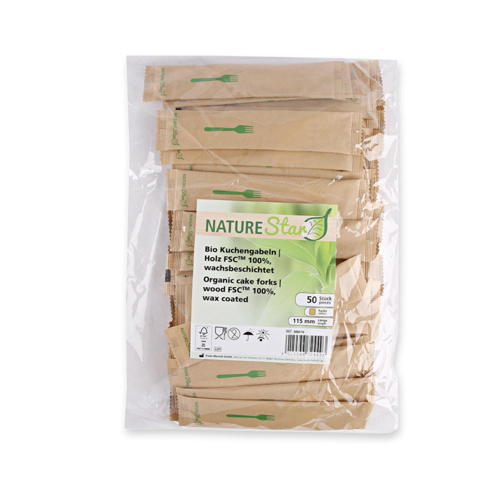 Bio Kuchengabeln aus Holz FSC® 100%, wachsbeschichtet mit Verpackung