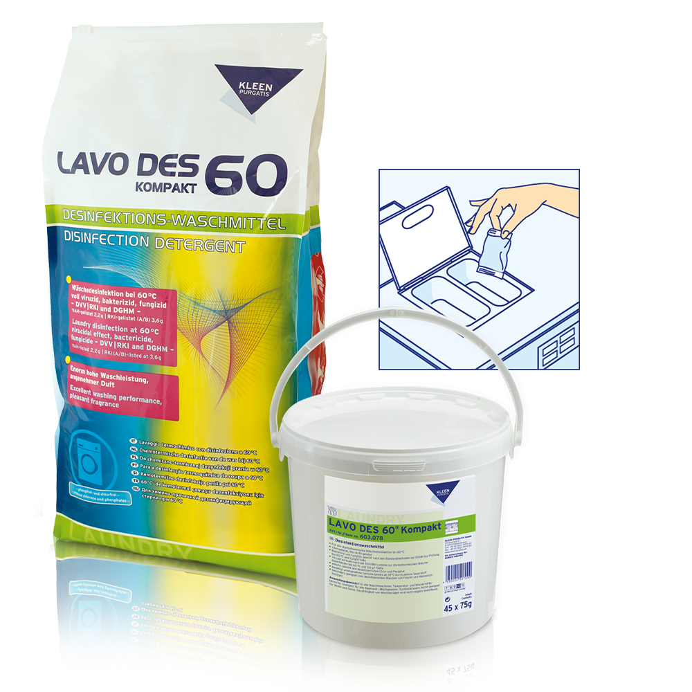 Laundry liquid detergent "Lavo Des 60 kompakt" with Carrier bag  and sachet