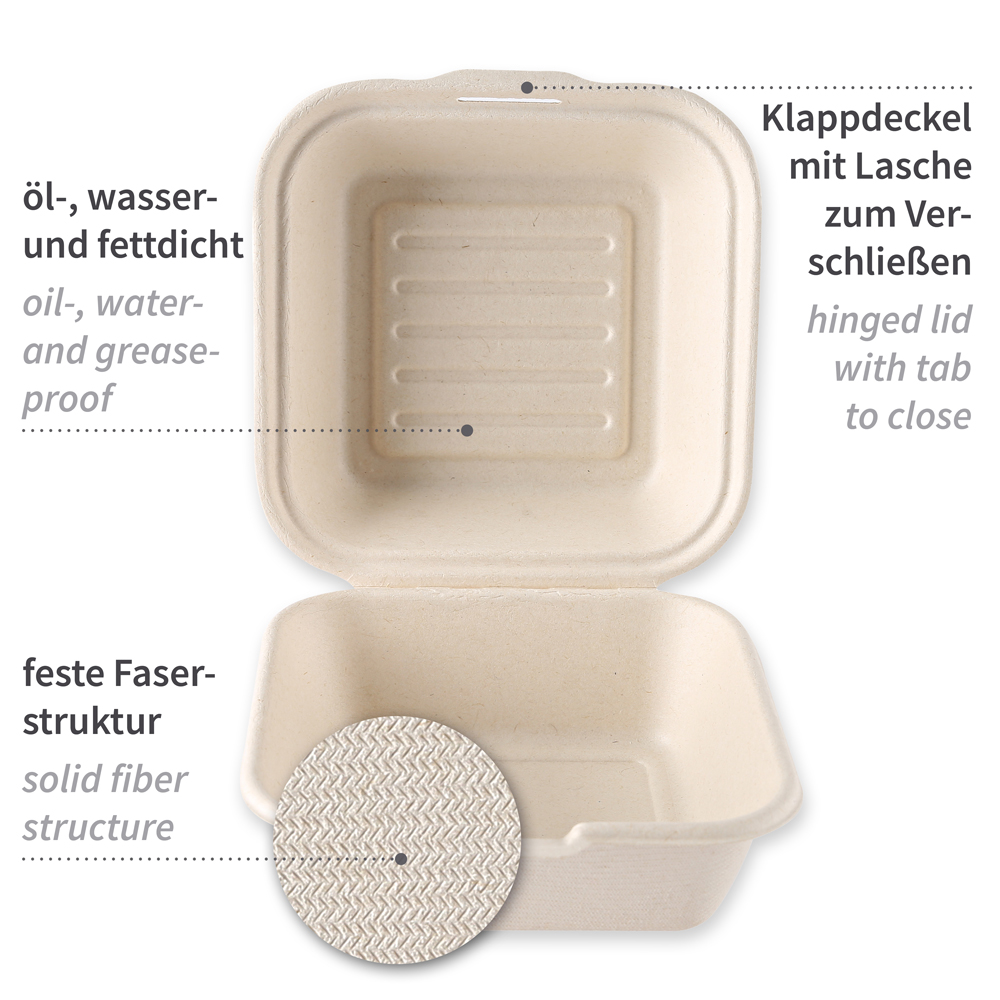 Organic hamburger boxes with hinged lid made of bagasse in nature with description