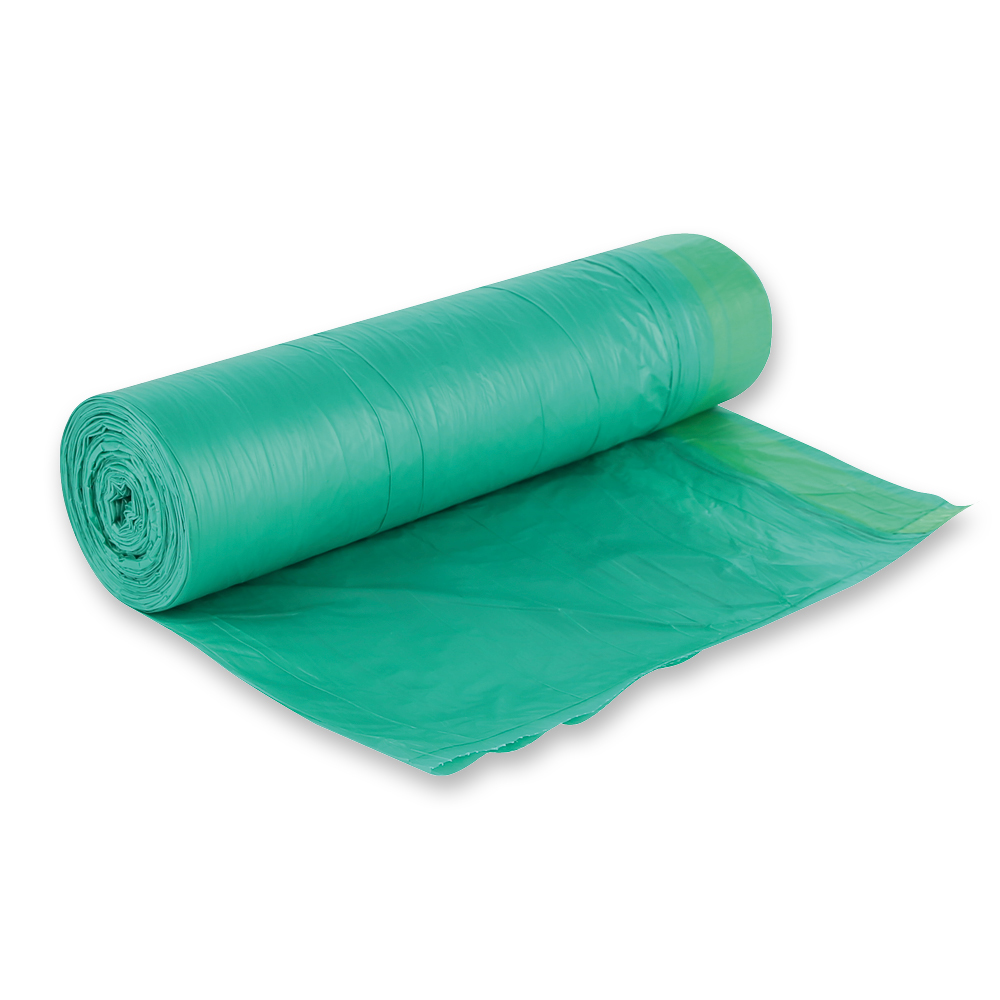 Garbage bags with drawstring, 60l made of HDPE on roll in green-yellow in the oblique view