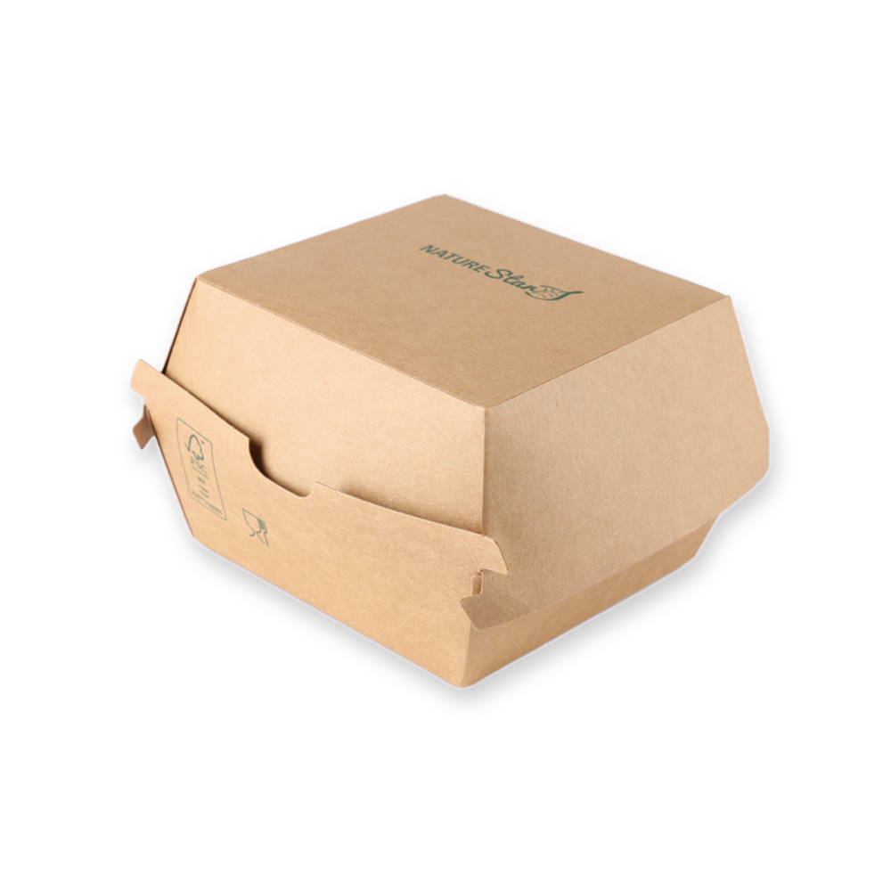 Hamburger boxes made of kraft paper/PE as FSC® mix in oblique view