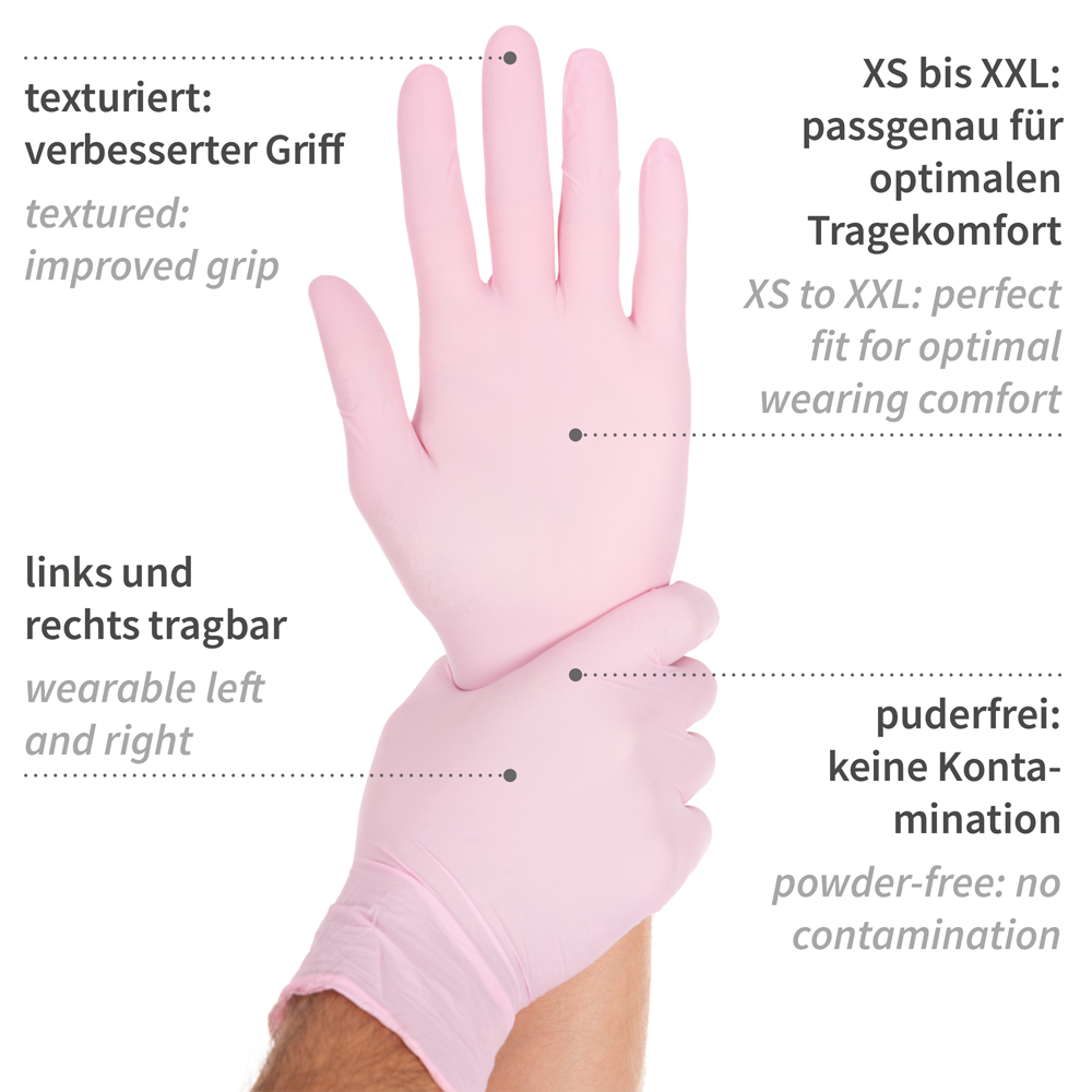 Nitrile gloves Safe Light powder-free in pink with explanation