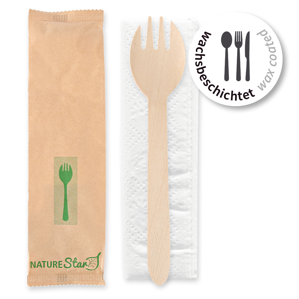 Organic cutlery sets Spork made of wood, FSC® 100%, wax coated with spork and napkin