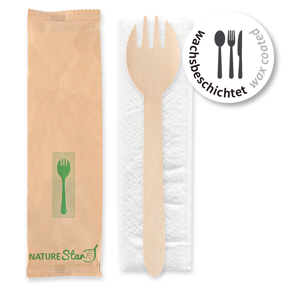 Bio Bestecksets Spork aus Holz, FSC® 100%, wachsbeschichtet mit Göffel und Serviette