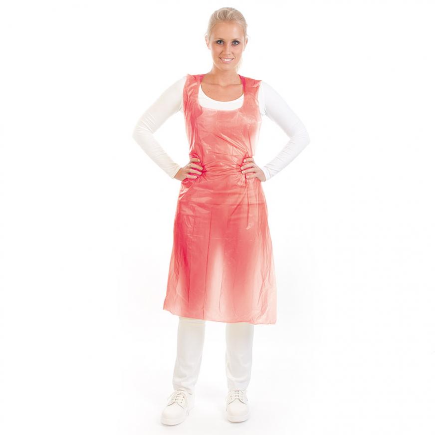 Disposable aprons on roll, 16my made of LDPE in red