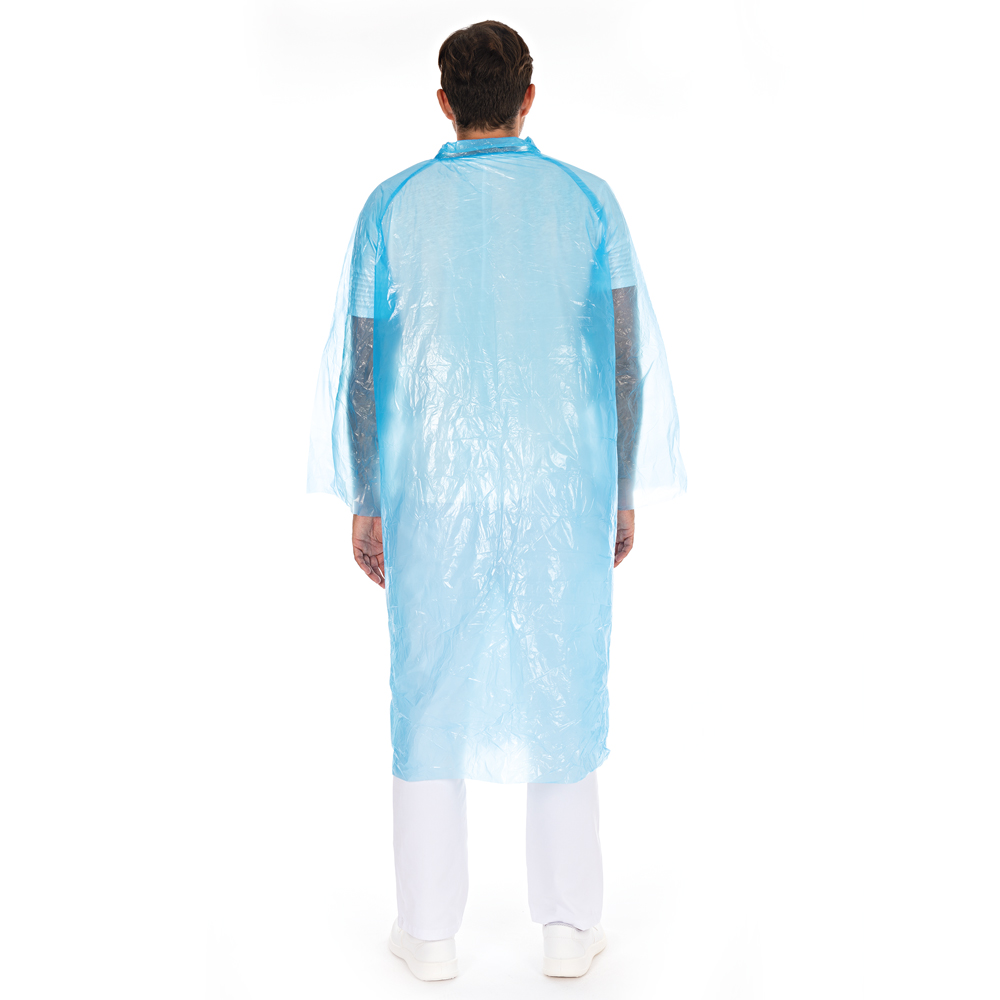 Visitor gowns with push buttons made of PE in blue in the back view