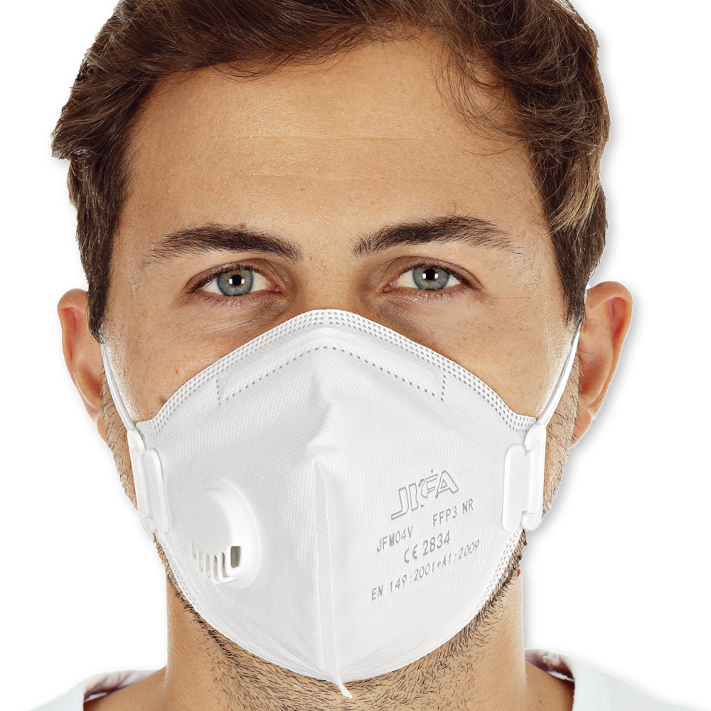 Respirators FFP3 NR with valve, vertically foldable made of PP in the front view