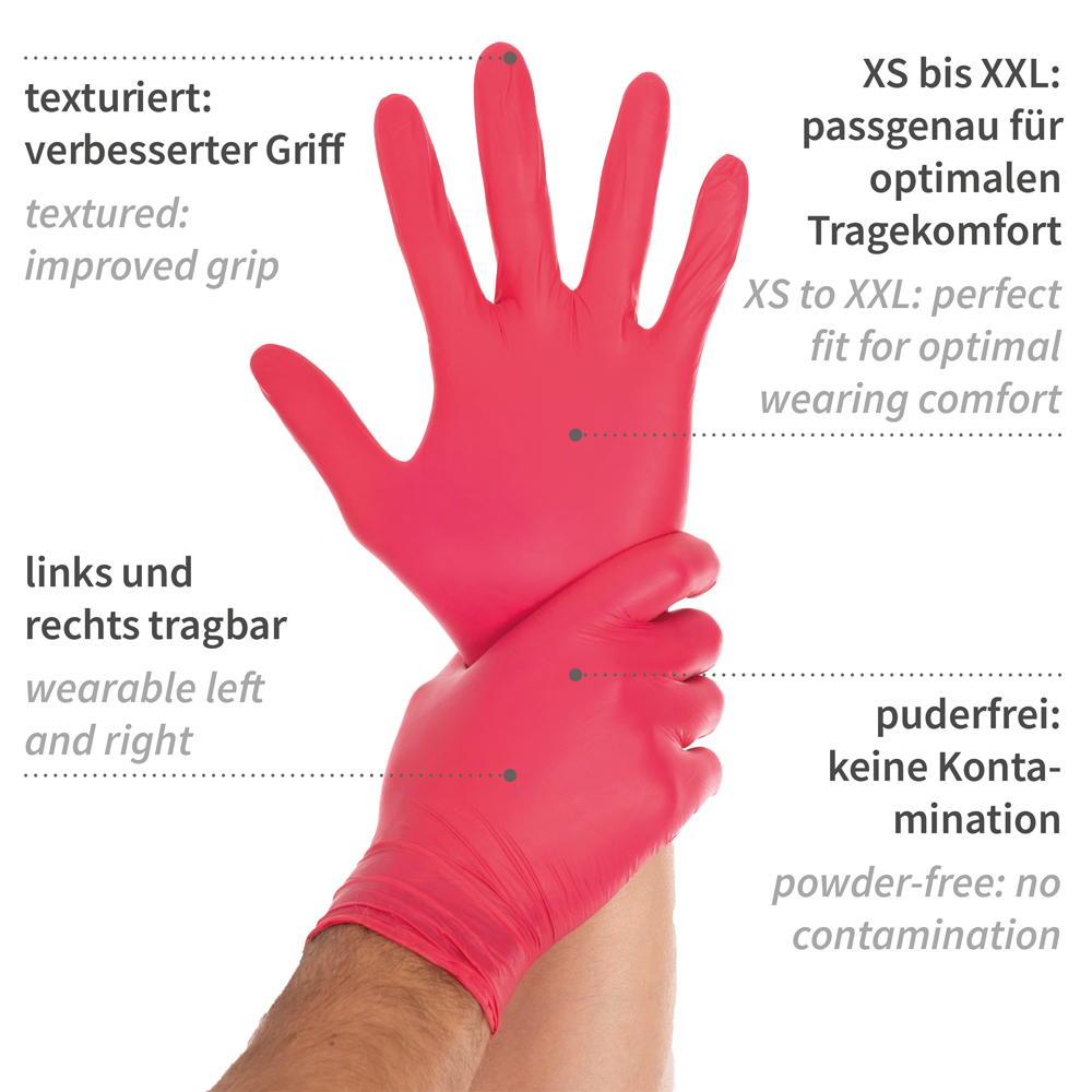 Nitrile gloves Safe Light powder-free in red with explanation