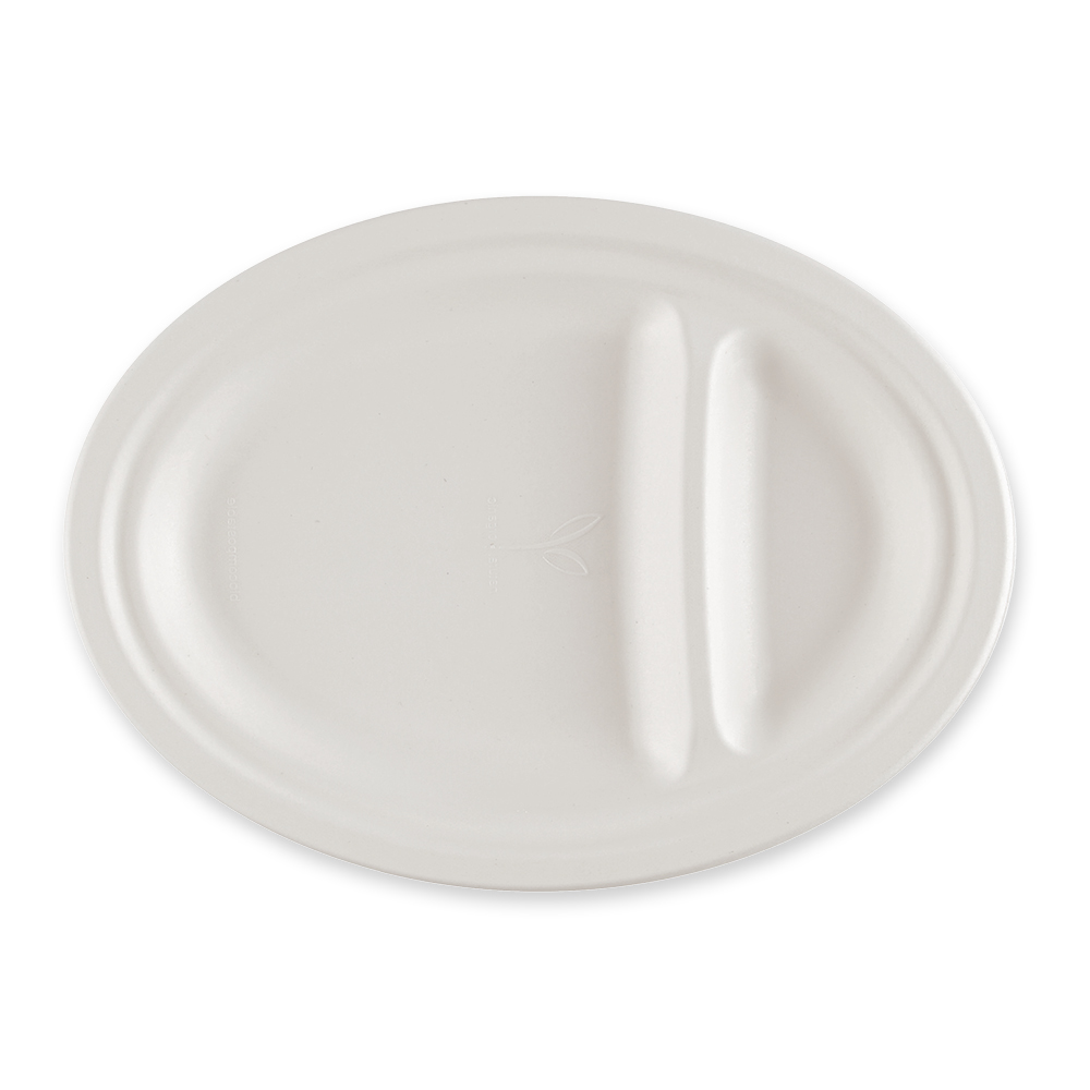 Organic menu plates, 2-compartments, oval made of bagasse in top view