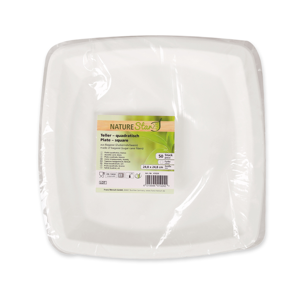 Organic plates, square made of bagasse, Packaging